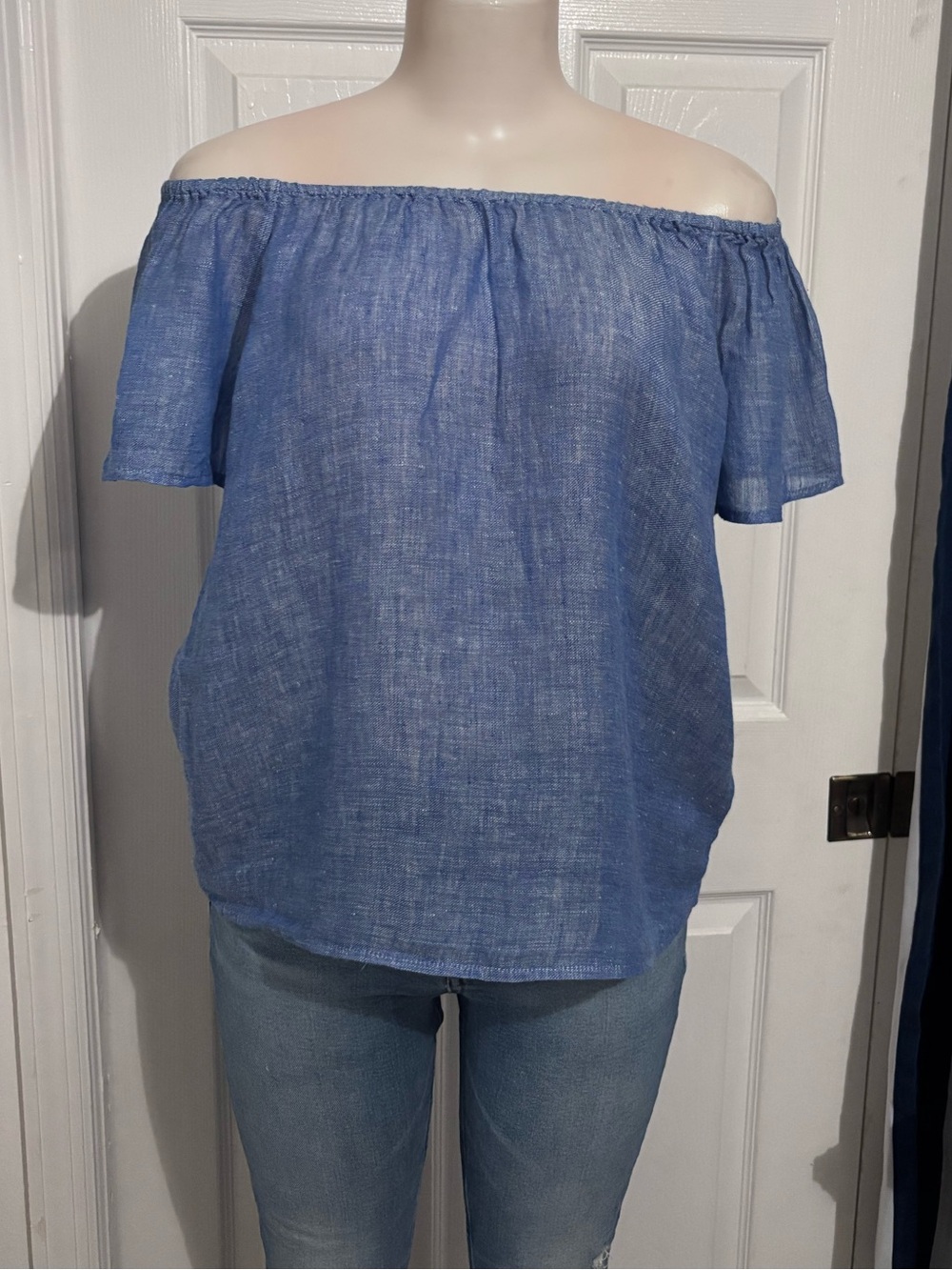Joie Light Blue Off-Shoulder Linen-Blend Tunic
